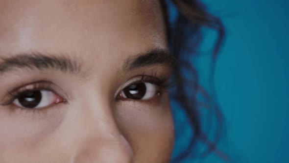 Close-up of Dark Woman Eye with Light Nude Make-up and Beautiful Eyebrow Looking To Camera