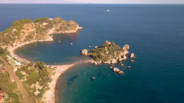 Taormina Sicily Isola Bella Beach From the Sky Aerial View Voer the Island and the Beach By Taormina