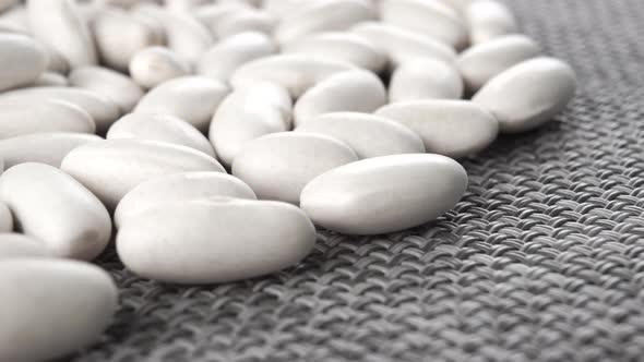 Uncooked white bean seeds close-up on a textured gray plastic mat