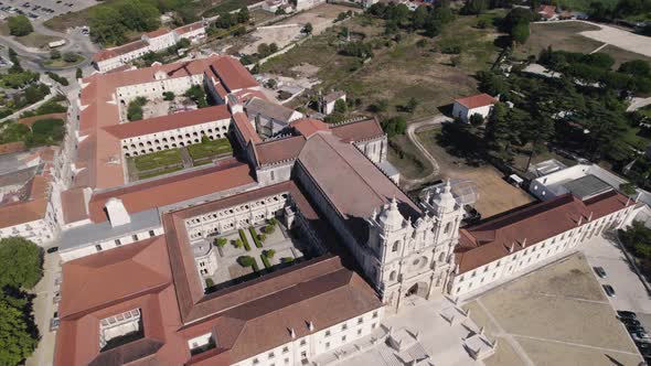 Spectacular aerial above view of Monastery of Santa Maria of Alcobaça, Portugal.