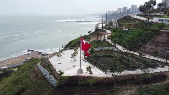 Drone video of "Parque Bicentenario" park in Lima, Peru. In Miraflores. Drone flies over a big peruv