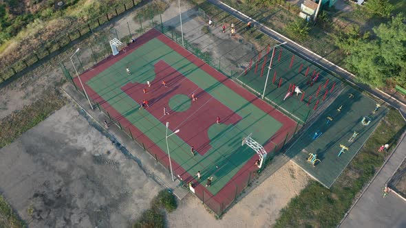 Aerial View. Park with a Basketball Field and a Training Platform. Sports Area