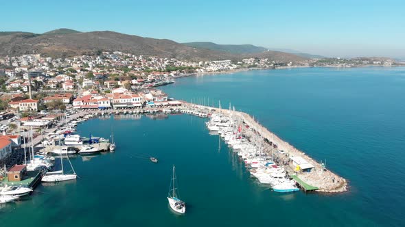 Various drone shots in beautiful Urla, Izmir - the third largest city in Turkey. Blue waters of the