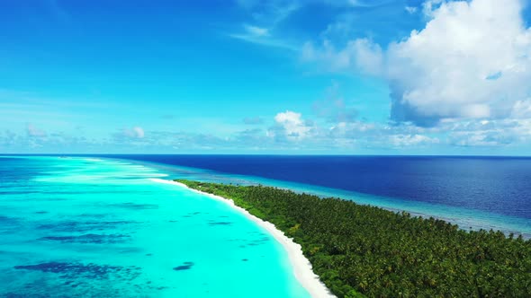 Daytime drone abstract view of a sunshine white sandy paradise beach and turquoise sea background in