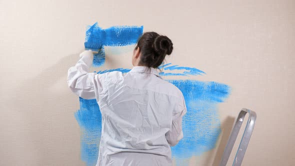 Lady Designer with Black Hair Paints New Apartment Wall