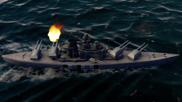 Battleship Firing Heavy Caliber Guns At High Speed