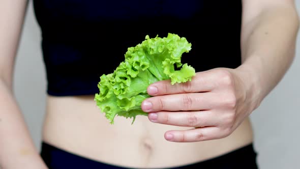 weight loss and healthy nutrition concept. fit woman is holding in hand green lettuce salad leaves. 
