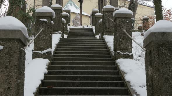 Tilt up of stairs leading to Kalvarienberg