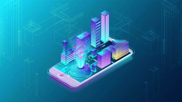 4K -  İsometric Mobile Phone Smart City alt