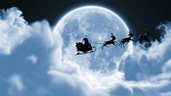 Santa Claus on a Reindeer Sleigh Flying Between the Clouds