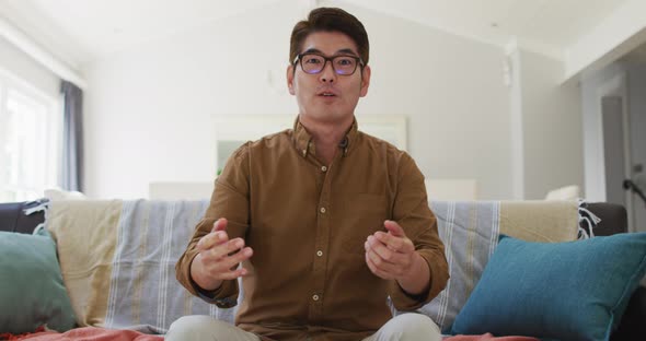 Asian man working at home, sitting on couch making video call, talking and gesturing