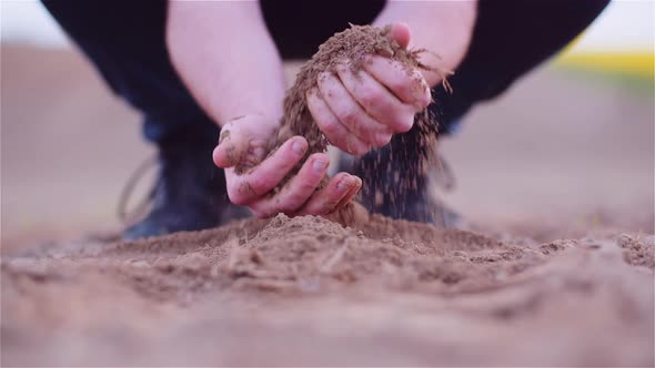 Farmer Examining Organic Soil in Hands, Farmer Touching Dirt in Agriculture Field