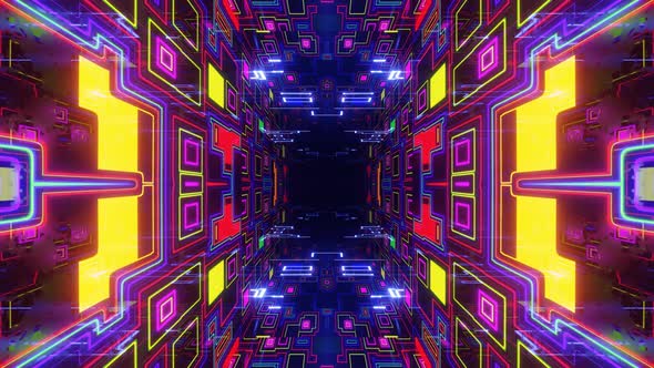 Fly Through Symmetrical Technology Cyberspace with Neon Glow