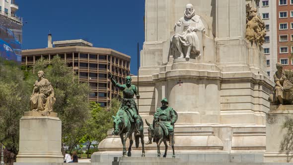 View of the Stone Sculpture of Miguel De Cervantes Timelapse Hyperlapse and Bronze Sculptures of Don