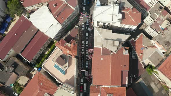 Istanbul Neighbourhood Typical Streets and Rooftops From an Aerial Birds Eye Overhead Top Down View