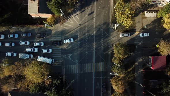 Drones Eye View Traffic Jam Top View Transportation Concept Roundabout Intersection Crossroad Aerial