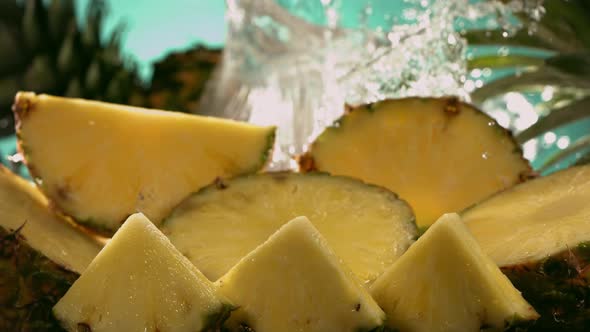 Slow Motion Shot of Pineapple and Water Splashing Through Pineapple Slices