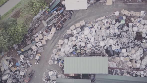 Plastic recycling plant in Hong Kong. Aerial drone view