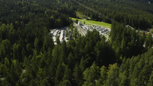 Aerial establishing shot of the Seilbahn Zugspitze Talstation in Germany