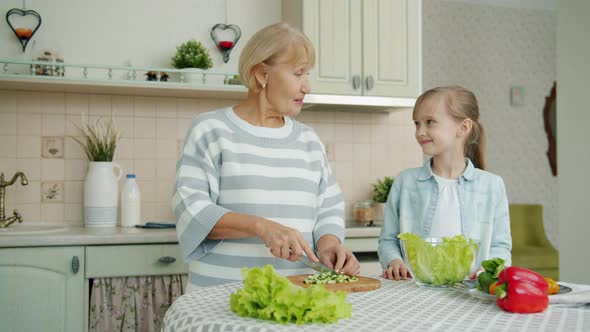 Elderly Woman Making Salad Cutting Vegetables and Talking To Little Granddaughter in Kitchen