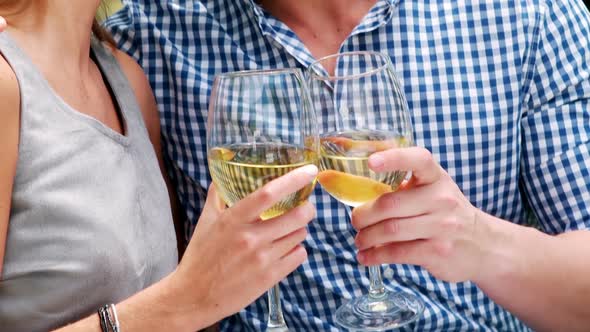 Smiling romantic couple toasting wine glasses