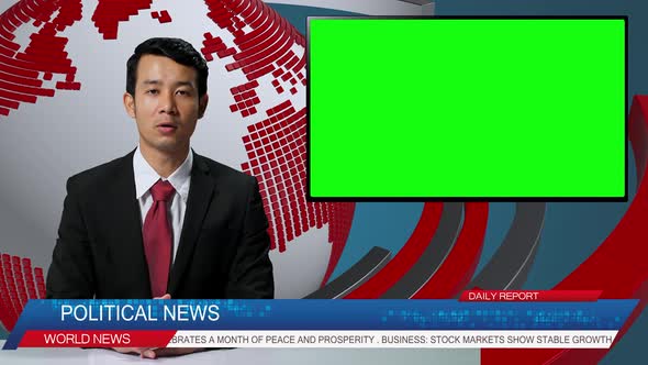 Live News Studio With Male Anchor Reporting On The Political, Video Story Show Green Chroma Key