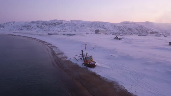 Aerial View of Abandoned Ship on the Barents Sea Coast in Teriberka