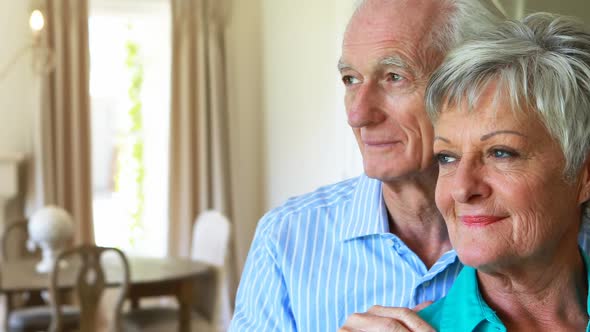 Portrait of smiling senior couple posing together in living room