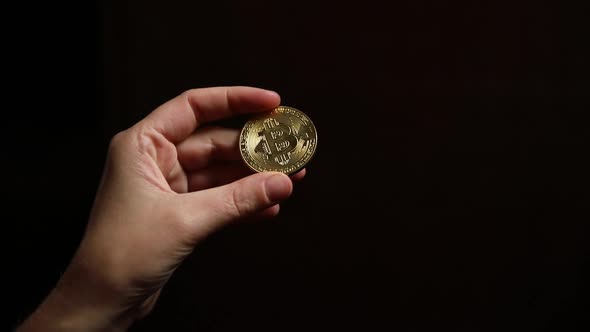 Woman Hand Holding Cryptocurrency Golden Bitcoin Coin Ondark Background