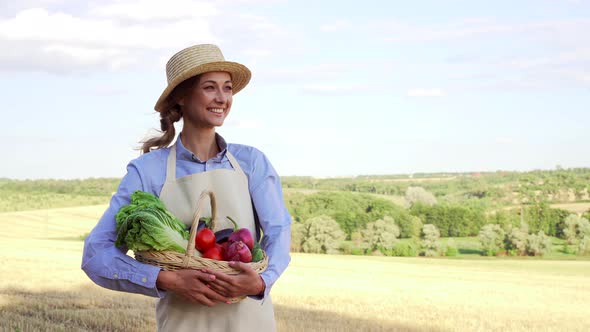 Woman Farmer Straw Hat Apron Standing Farmland Smiling Female Agronomist Specialist Farming