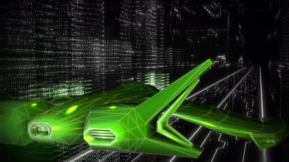 A Green Plane is gliding above the circuit board in the futuristic computer city alt