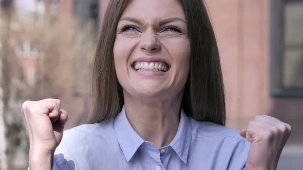 Excited Woman Reacting to Success, Standing Outside Office