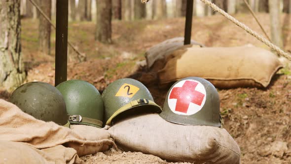 WWII American Metal Helmets Of United States Army Infantry Soldier At World War II