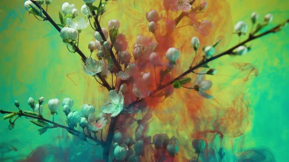 Red Color Paint Flows in Water Covering Blooming Tree Branch alt