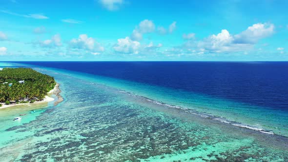 Natural fly over island view of a white paradise beach and aqua blue ocean background in colorful 4K