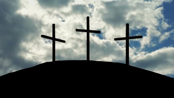 Crosses On Hill With Dramatic Sunny Sky