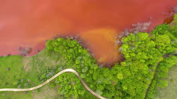 Flying Above Colorful Mining Waste Water and Green Forest