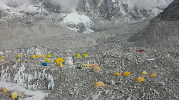 Aerial Footage of a Massive Camp with Lots of Yellow Tents Mount Everest