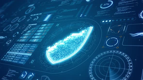3D Blue security shield with HUD and futuristic technology abstract background network security