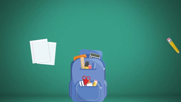 Animation of school items moving on green background