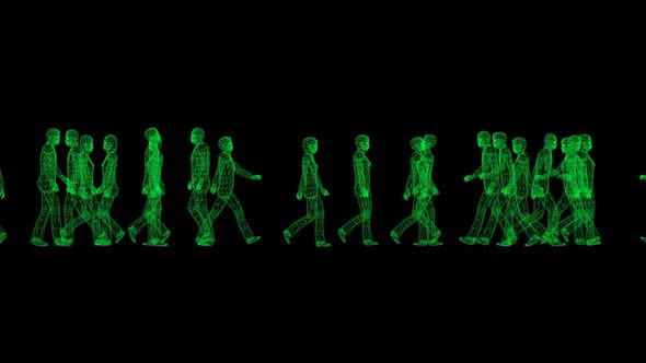 Green Wire People Binary Code Crowd Man and Woman Walk on Black Back