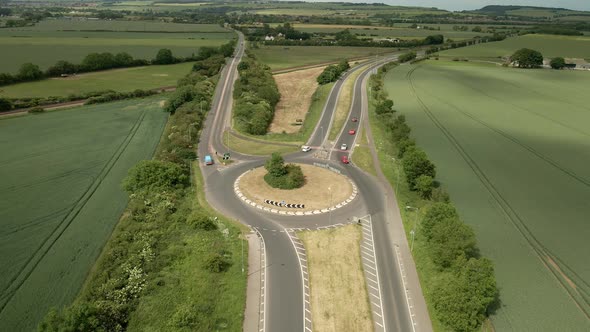 aerial shot of road infrastructure in rural English countryside