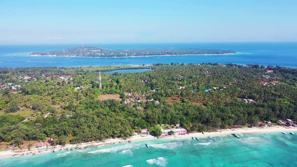 Luxury birds eye copy space shot of a sunshine white sandy paradise beach and blue sea background 