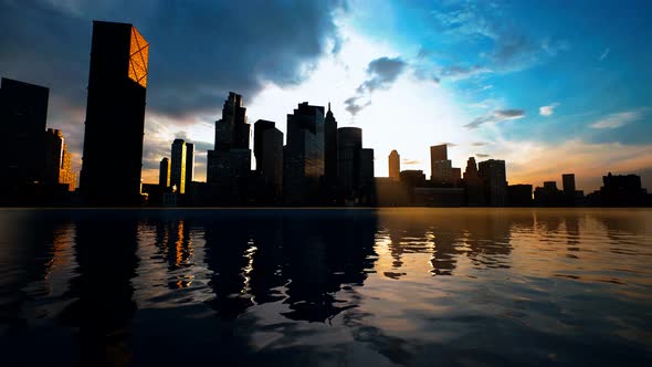 Skyline with Skyscrapers and Sea at Sunset