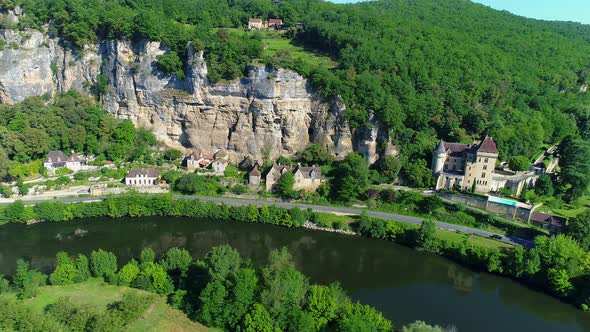 Village of La Roque-Gageac in Perigord in France seen from the sky