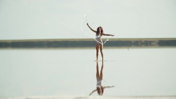 Beautiful Rhythmic Gymnastics in the Shallow Water, Waving the Ribbon, Lady, 