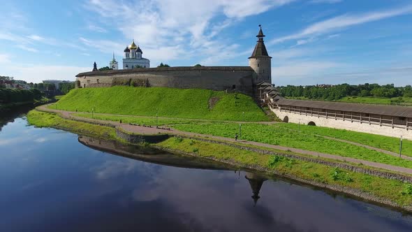 Aerial of Pskov Kremlin and Trinity Cathedral