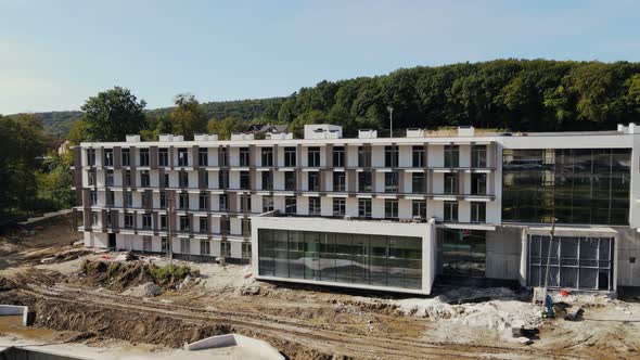 Flight Over the Unfinished Construction of a Large Hotel Complex. Building a House