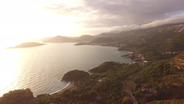 Drone View of the Kotor Bay Sveti Stefan Island and Green Mountains