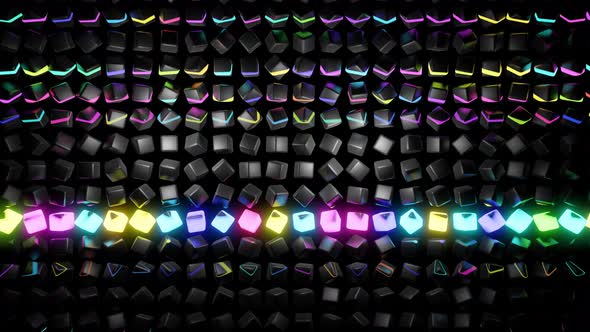 Cubes Lined Up in Rows on a Plane Neon Lighting of Cubes